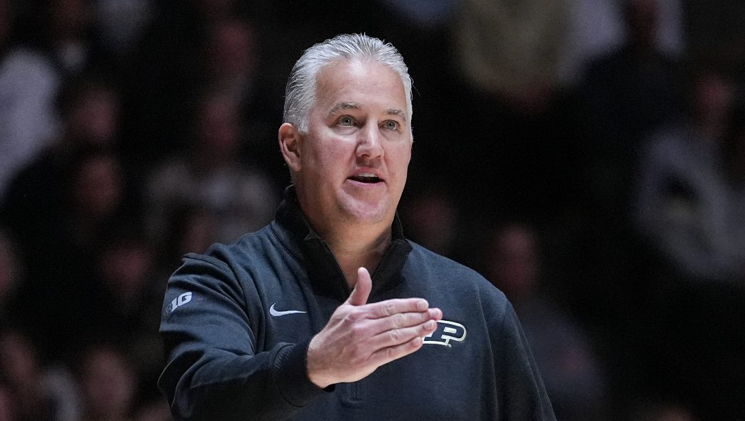 Purdue head coach Matt Painter gestures during the first half of an NCAA college basketball game against Evansville in West Lafayette, Ind., Tuesday, Nov. 4, 2025.