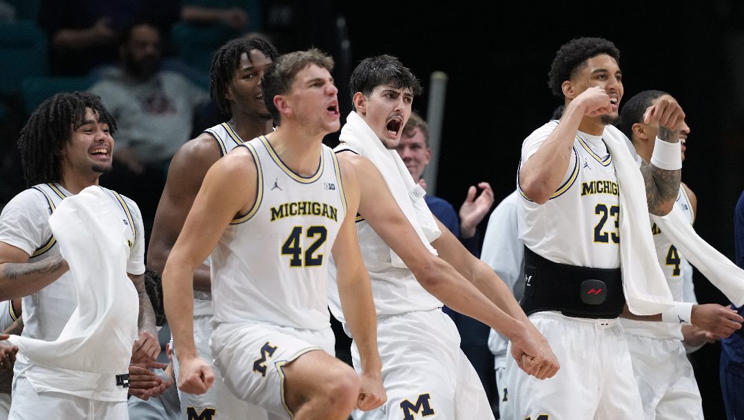 Michigan celebrates as they defeat Gonzaga in an NCAA college basketball game in the Players Era tournament in Las Vegas, Wednesday, Nov. 26, 2025.