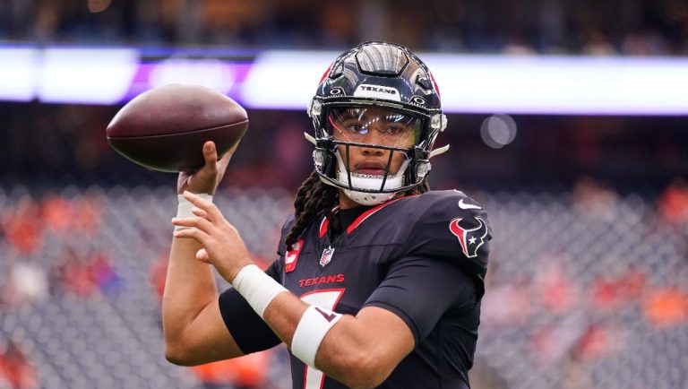 Houston Texans quarterback C.J. Stroud warms up before an NFL football game against the Denver Broncos Sunday, Nov. 2, 2025, in Houston.