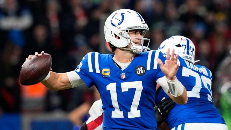 Indianapolis Colts quarterback Daniel Jones throws a pass during the first half of an NFL football game against the Atlanta Falcons, Sunday, Nov. 9, 2025, in Berlin, Germany.