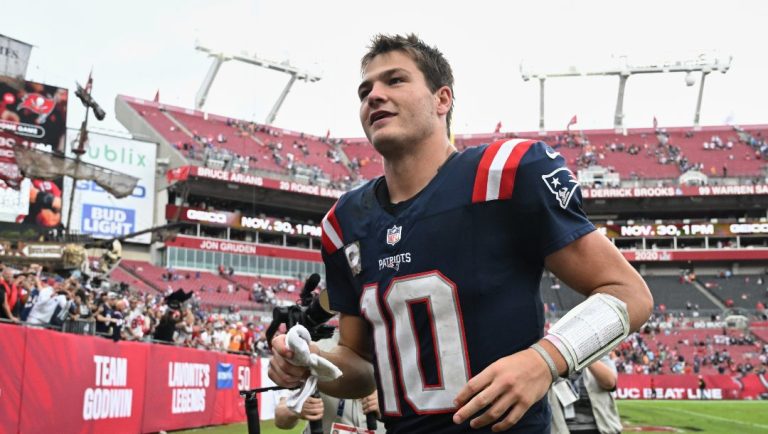 New England Patriots quarterback Drake Maye (10) runs off the field after an NFL football game against the Tampa Bay Buccaneers, Sunday, Nov. 9, 2025, in Tampa, Fla.