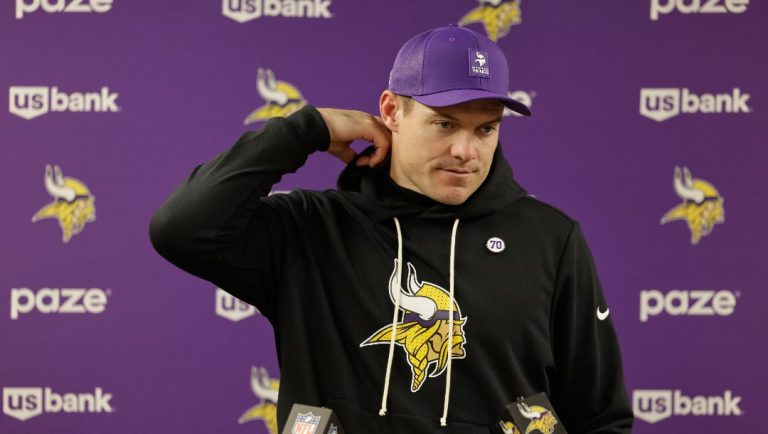 Minnesota Vikings head coach Kevin O'Connell answers questions after an NFL football game against the Green Bay Packers Sunday, Nov. 23, 2025, in Green Bay, Wis.
