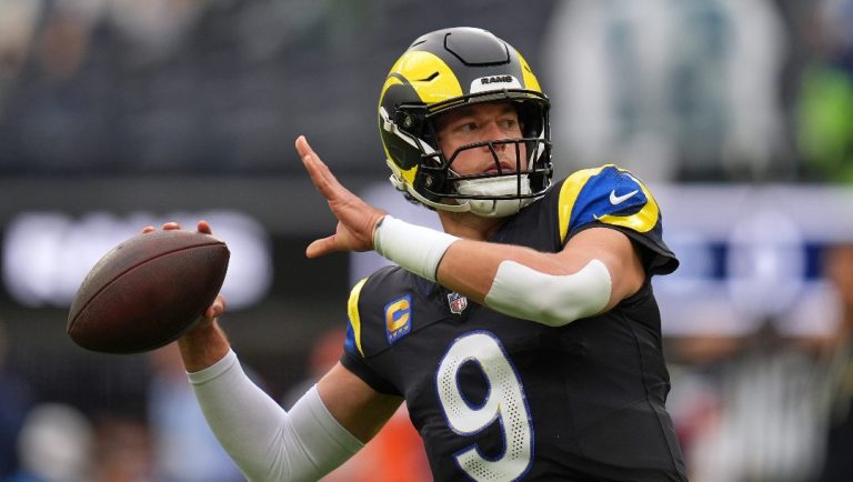 Los Angeles Rams quarterback Matthew Stafford warms up prior to an NFL football game against the Seattle Seahawks, Sunday, Nov. 16, 2025, in Inglewood, Calif.