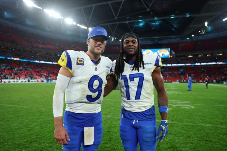 Los Angeles Rams quarterback Matthew Stafford (9) and wide receiver Davante Adams (17) stand on the field after an NFL football game between the Los Angeles Rams and the Jacksonville Jaguars in London, Sunday, Oct. 19, 2025.