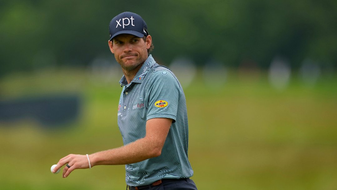 Adam Schenk after putting in on the eighth hole during the third round of the U.S. Open golf tournament at Oakmont Country Club Saturday, June 14, 2025, in Oakmont, Pa.