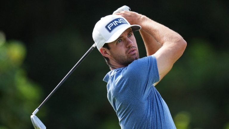 Alex Smalley, of the U.S., tees off on the second hole during the fourth round of the Baycurrent Classic golf tournament at the Yokohama Country Club in Yokohama, near Tokyo, Sunday, Oct. 12, 2025.