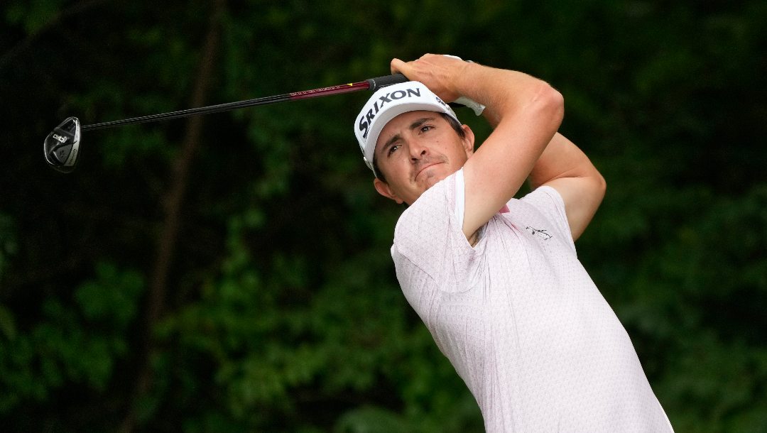Nico Echavarria, of Colombia, watches his tee shot on the second hole during the final round of the Wyndham Championship golf tournament in Greensboro, N.C., Sunday, Aug. 3, 2025.