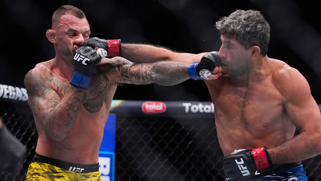 Beneil Dariush hits Renato Moicano in a lightweight fight at UFC 317, Saturday, June 28, 2025, in Las Vegas.