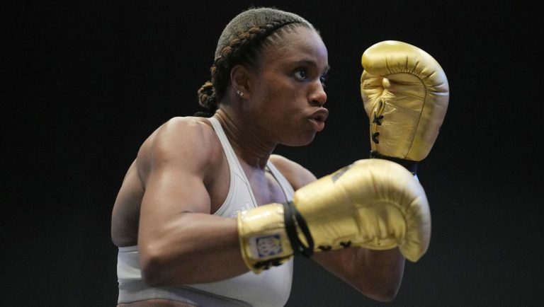 British boxer Caroline Dubois attends a boxing media workout in London, Tuesday, March 4, 2025.