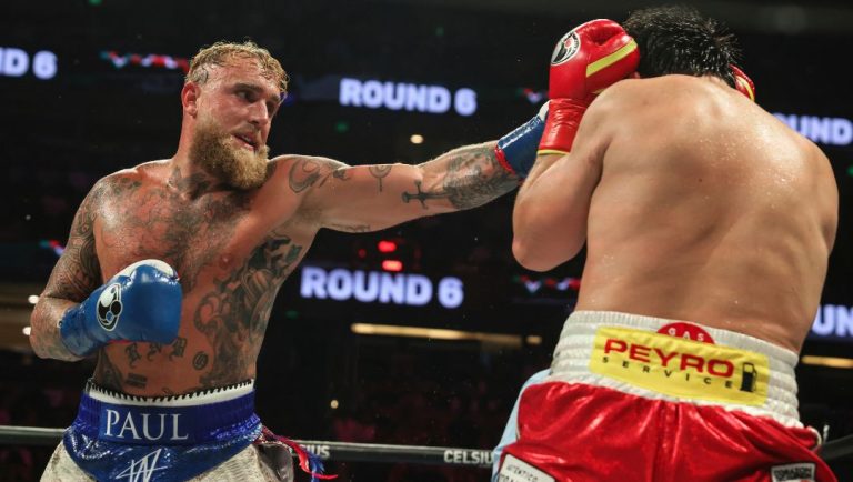 Jake Paul, left, punches Julio Cesar Chavez Jr. during their cruiserweight boxing match on Saturday, June 28, 2025, in Anaheim.