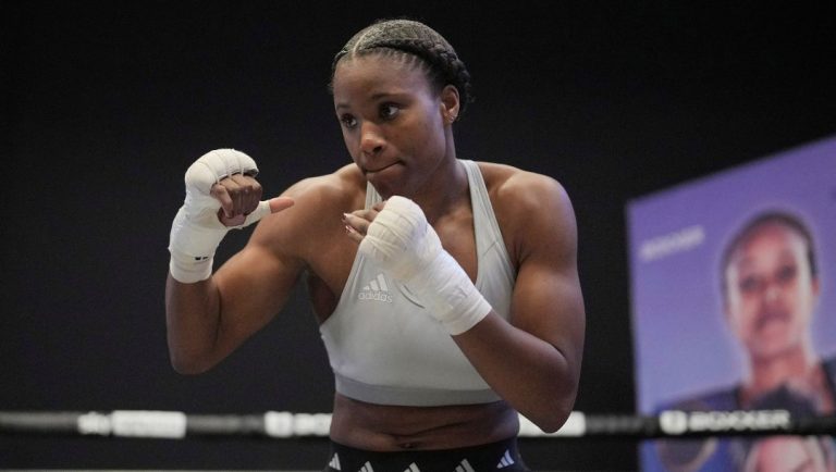 British boxer Caroline Dubois attends a boxing media workout in London, Tuesday, March 4, 2025.