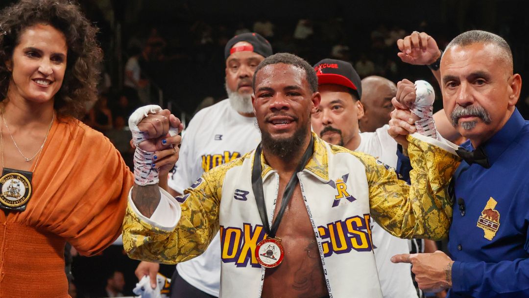 Lamont Roach Jr. celebrates after defeating Angel Rodriguez fight during a 12 Rounds WBA Super Featherweight Title Eliminator.