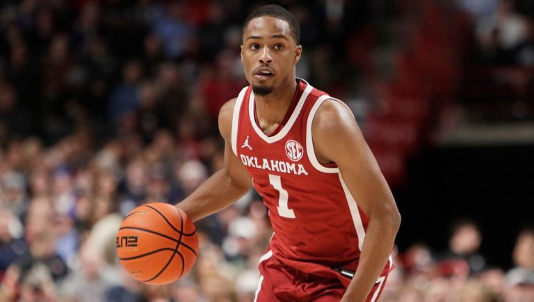 Oklahoma guard Xzayvier Brown (1) controls the ball during the second half of an NCAA college basketball game against Gonzaga, Saturday, Nov. 8, 2025, in Spokane, Wash.