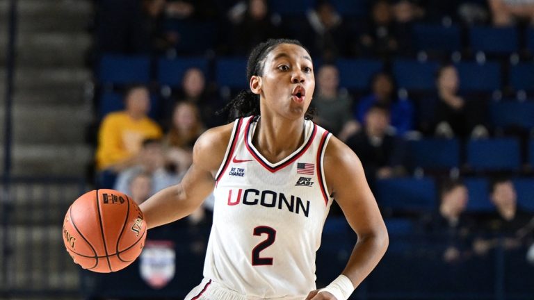 UConn guard KK Arnold (2) during a NCAA college basketball game, Tuesday, Nov.4, 2025, in Annapolis, Md.