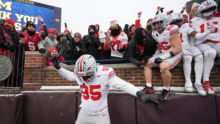 Ohio State defensive tackle Tywone Malone celebrates after the team's win against Michigan in an NCAA college football game, Saturday, Nov. 29, 2025, in Ann Arbor, Mich.