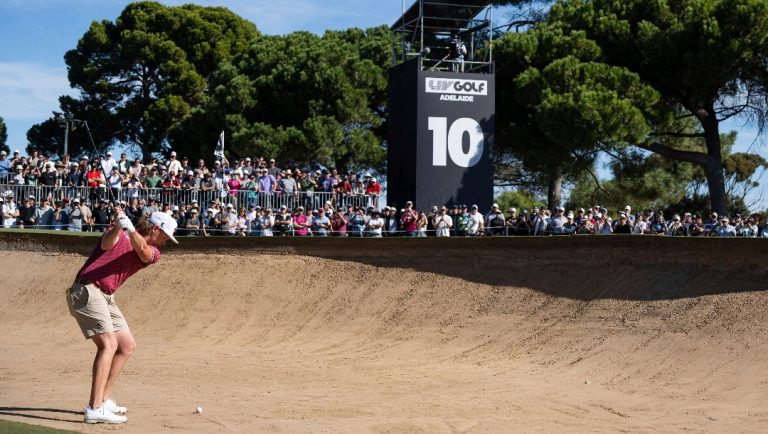 Captain Cameron Smith of Ripper GC hits his shot from a bunker on the tenth hole during the final round of LIV Golf Adelaide at the Grange Golf Club on Sunday, April 28, 2024 in Adelaide, Australia. (Photo by Charles Laberge/LIV Golf via AP)
