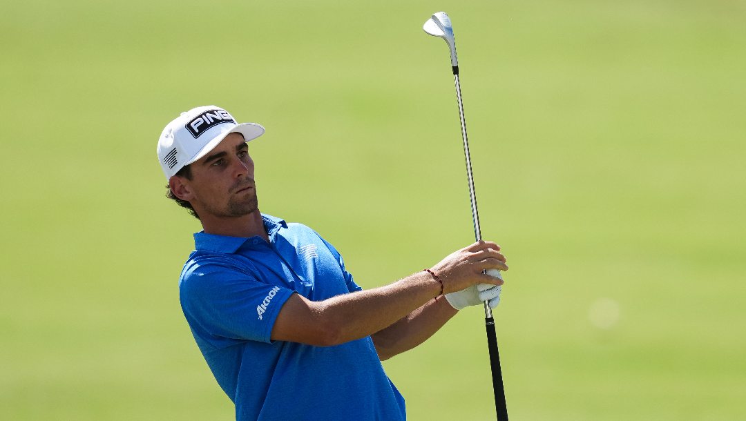 Joaquin Niemann of Chile plays a chip shot on the 12th Hole during the first round of the Australian Open golf tournament in Melbourne, Australia, Thursday, Dec. 4, 2025.