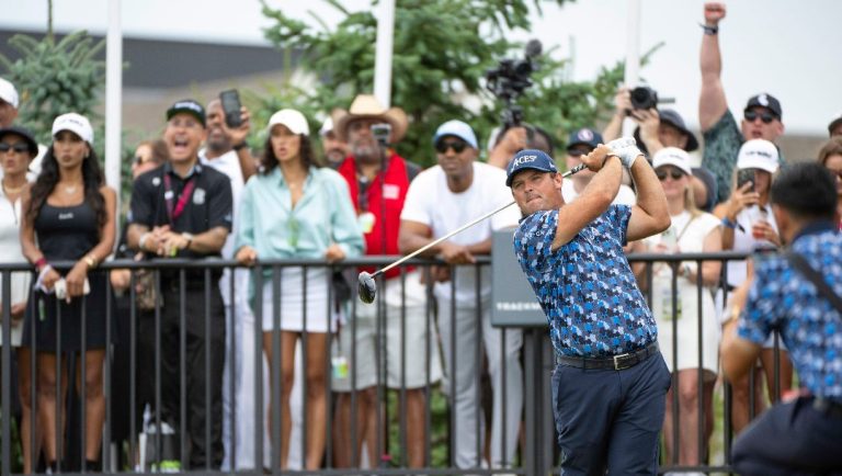 Patrick Reed of 4Aces GC hits his shot from the first tee during the final round of LIV Golf Indianapolis at The Club at Chatham Hills on Sunday, August 17, 2025 in Westfield, Indiana.