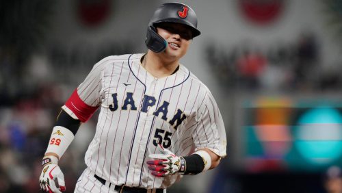 FILE - Japan third baseman Munetaka Murakami (55) runs the bases after hitting a home run during the second inning of a World Baseball Classic game against the United States, Tuesday, March 21, 2023, in Miami.