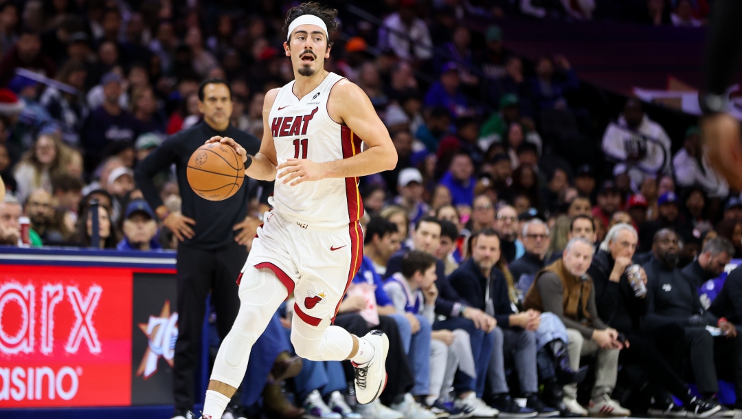 Jaime Jaquez Jr. #11 of the Miami Heat dribbles against the Philadelphia 76ers at Xfinity Mobile Arena on November 23, 2025 in Philadelphia, Pennsylvania.