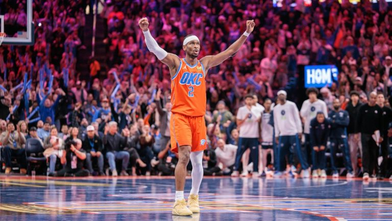 Shai Gilgeous-Alexander #2 of the Oklahoma City Thunder reacts near the end of the game against the Minnesota Timberwolves at Paycom Center on November 26, 2025 in Oklahoma City, Oklahoma.