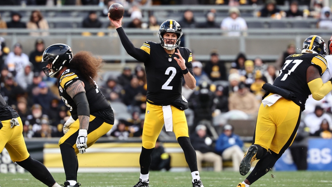 Pittsburgh Steelers quarterback Mason Rudolph passes against the Cincinnati Bengals during an NFL football game at Acrisure Stadium Sunday, Nov. 16, 2025 in Pittsburgh.