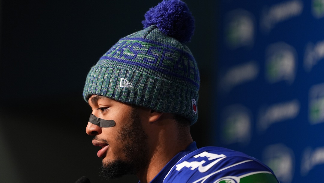 Seattle Seahawks wide receiver Jaxon Smith-Njigba speaks in a news conference after an NFL football game against the Minnesota Vikings, Sunday, Nov. 30, 2025, in Seattle.