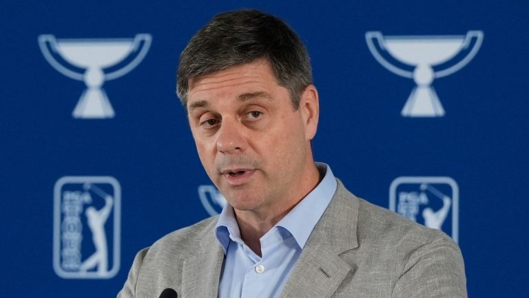 PGA Tour CEO Brian Rolapp speaks before a practice round of the Tour Championship golf tournament, Wednesday, Aug. 20, 2025, in Atlanta.